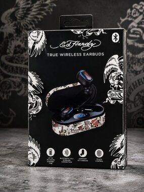 Ed Hardy Earbuds True Wireless Bluetooth w Charging Case White Love Kills Slowly